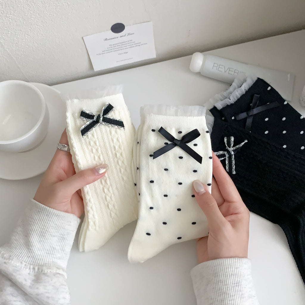 Polka Dot Bow Ribbed Crew Socks - view 1