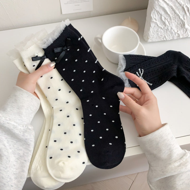 Polka Dot Bow Ribbed Crew Socks - view 2
