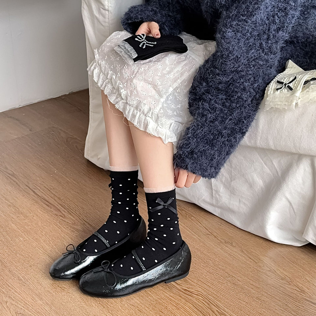 Polka Dot Bow Ribbed Crew Socks - view 3