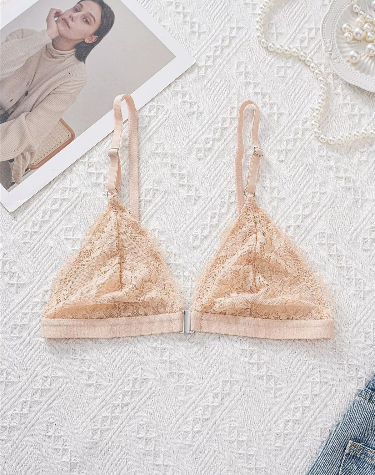 Eyelash Lace Front Closure Wireless Triangle Bralette - Nude