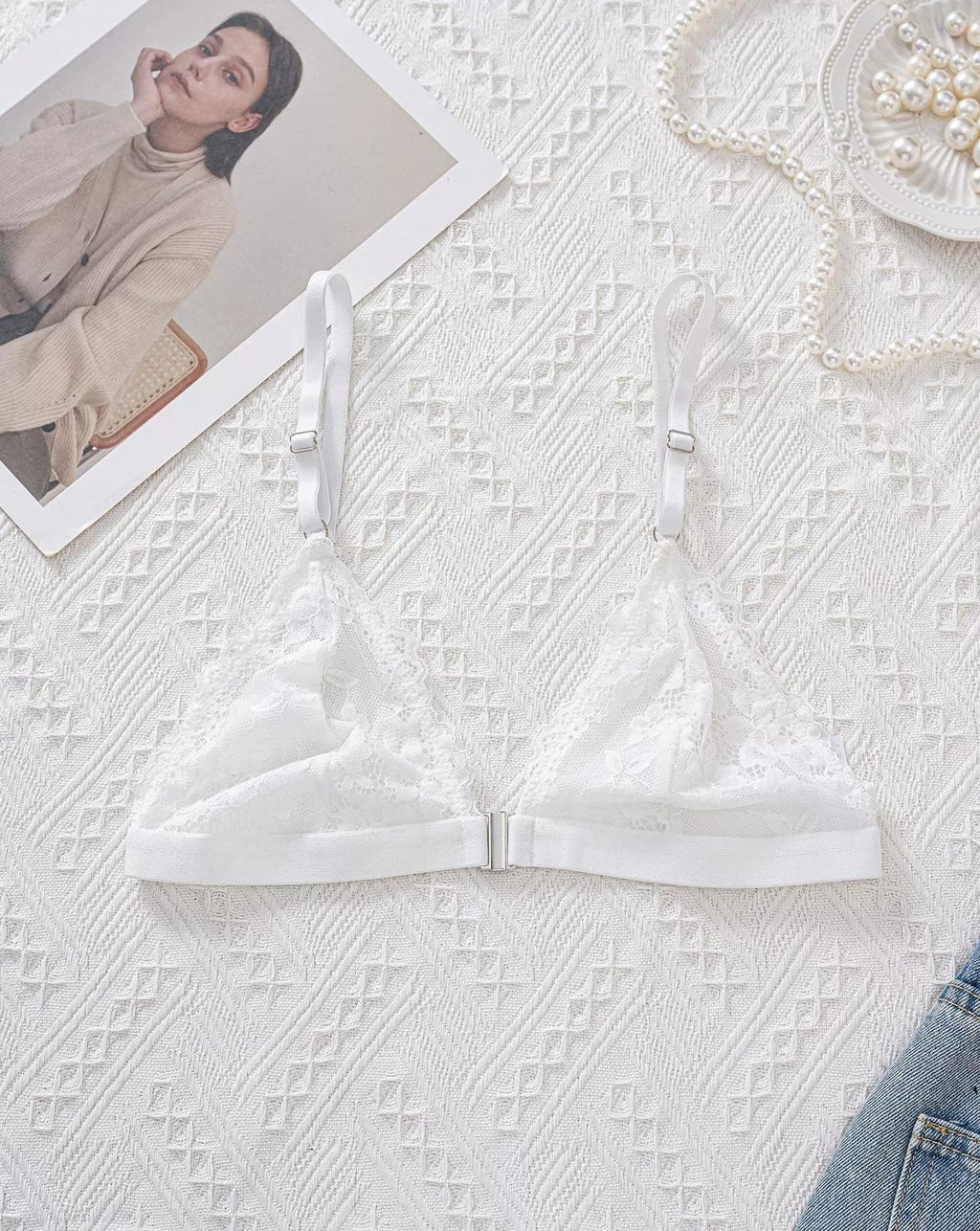 Eyelash Lace Front Closure Wireless Triangle Bralette - White