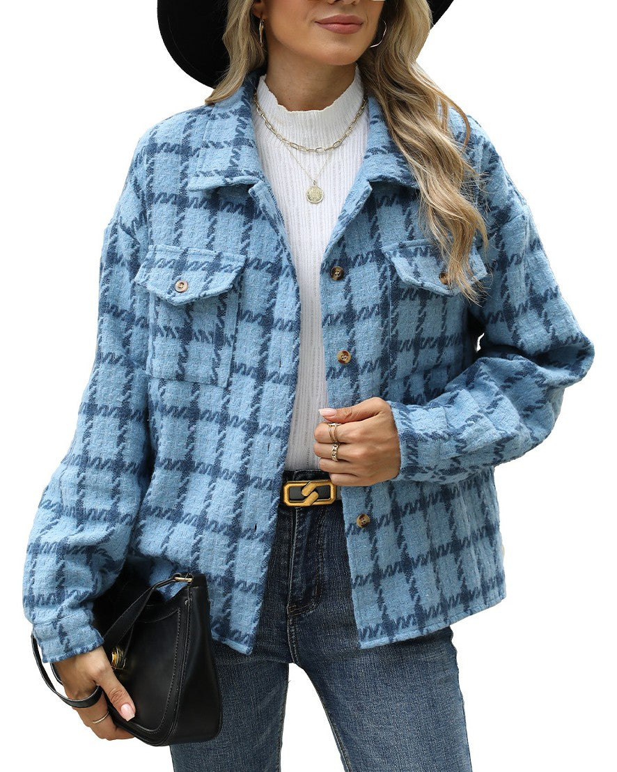 Oversized Windowpane Check Tweed Shacket - Blue