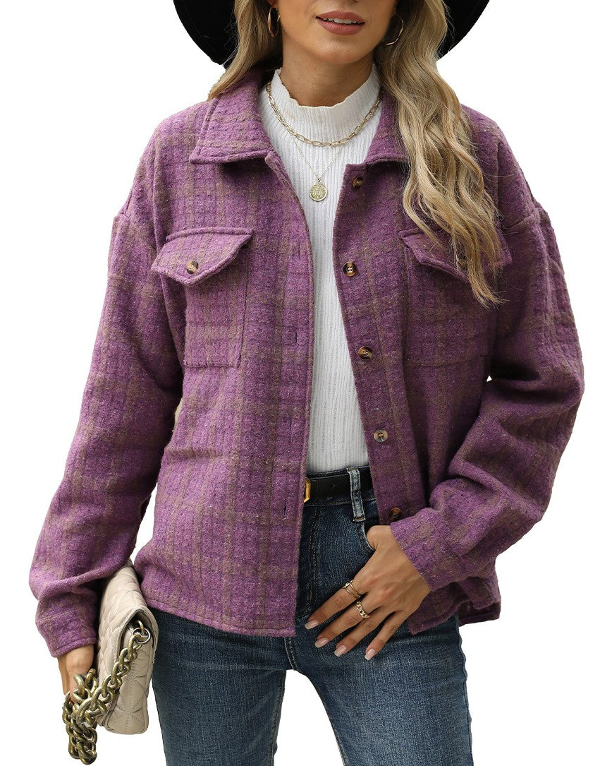 Oversized Windowpane Check Tweed Shacket - Purple