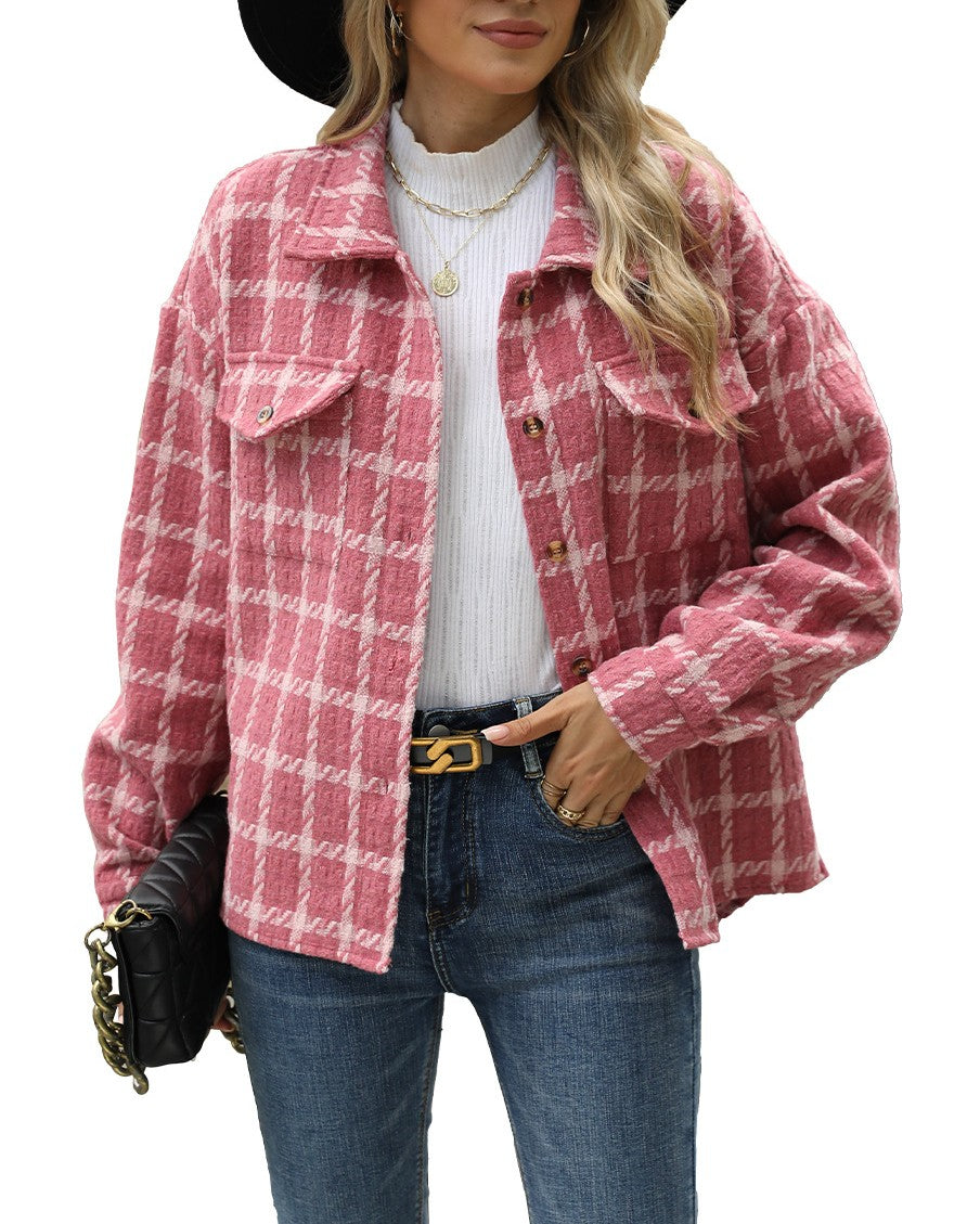 Oversized Windowpane Check Tweed Shacket - Red
