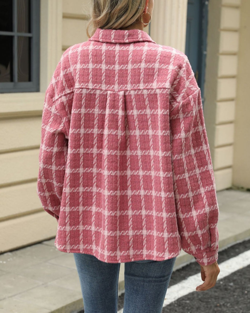 Oversized Windowpane Check Tweed Shacket - Red - 1