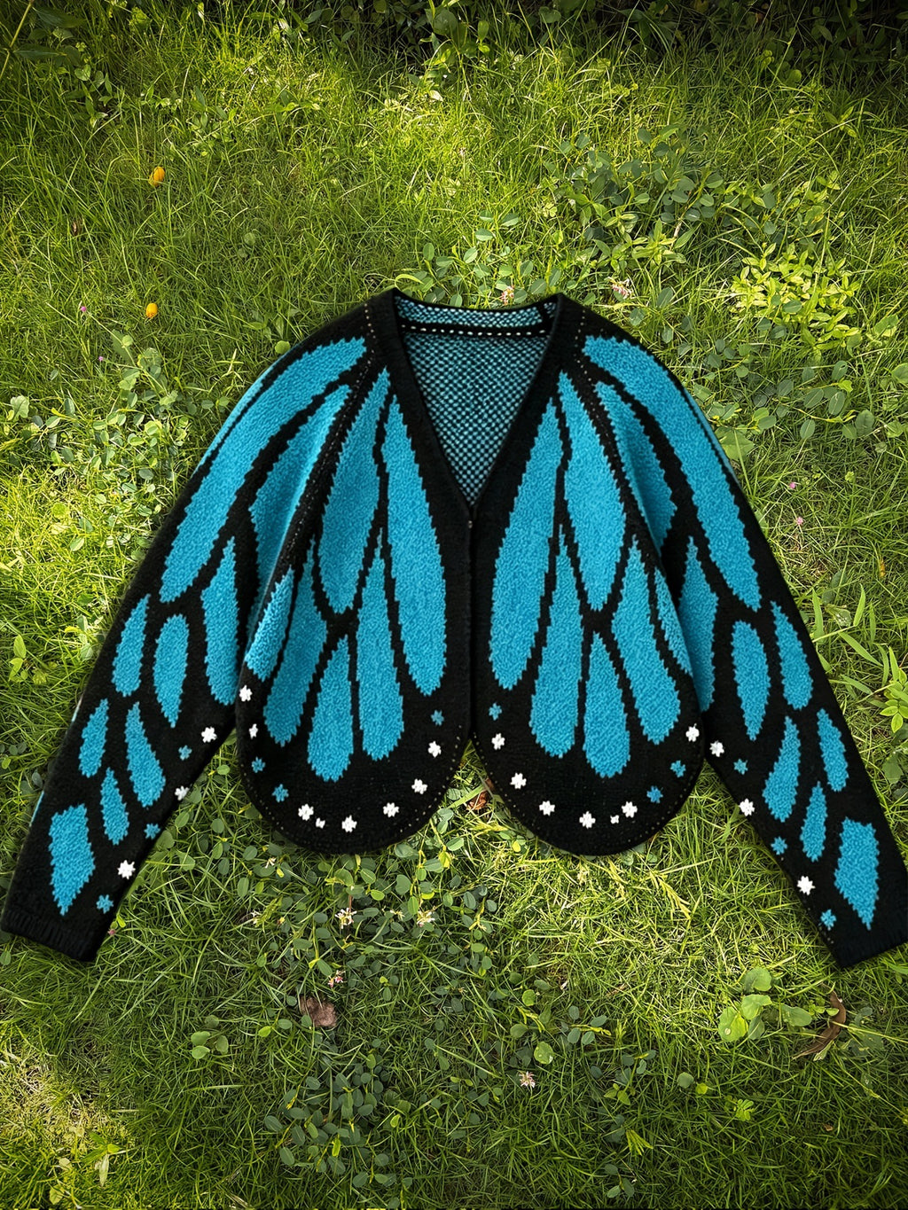 Butterfly Wing Knit Cardigan With Scalloped Hem - Blue