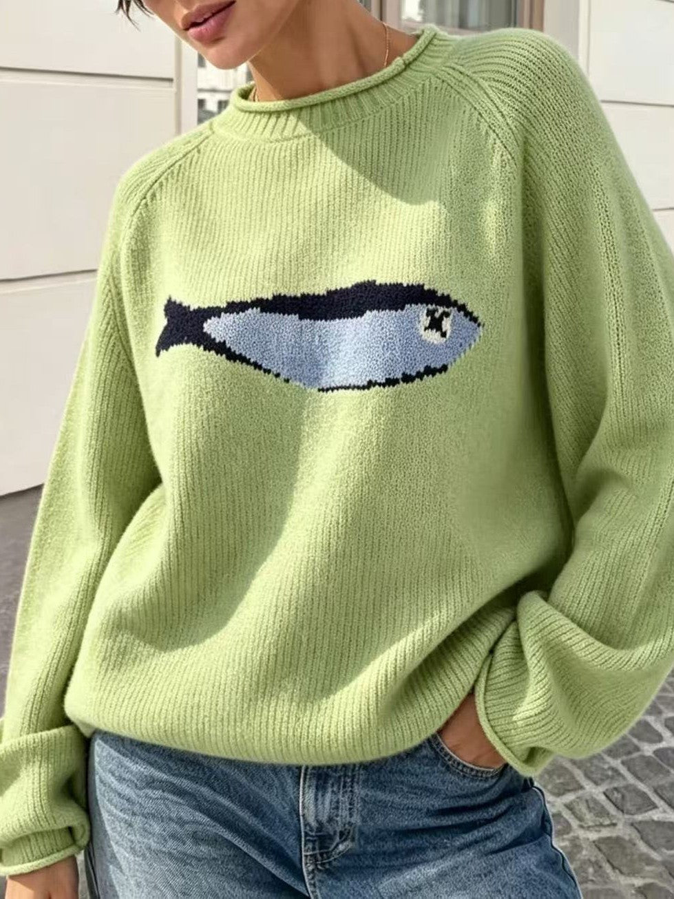 Sardine Fish Intarsia Crewneck Knit Sweater - Green