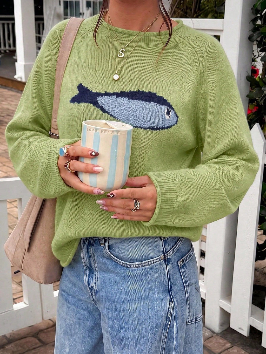 Sardine Fish Intarsia Crewneck Knit Sweater - Green - 1