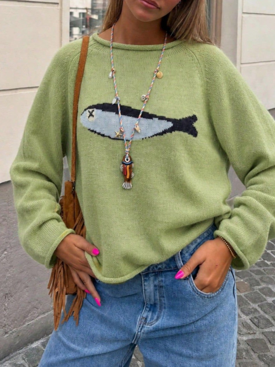 Sardine Fish Intarsia Crewneck Knit Sweater - Green - 2