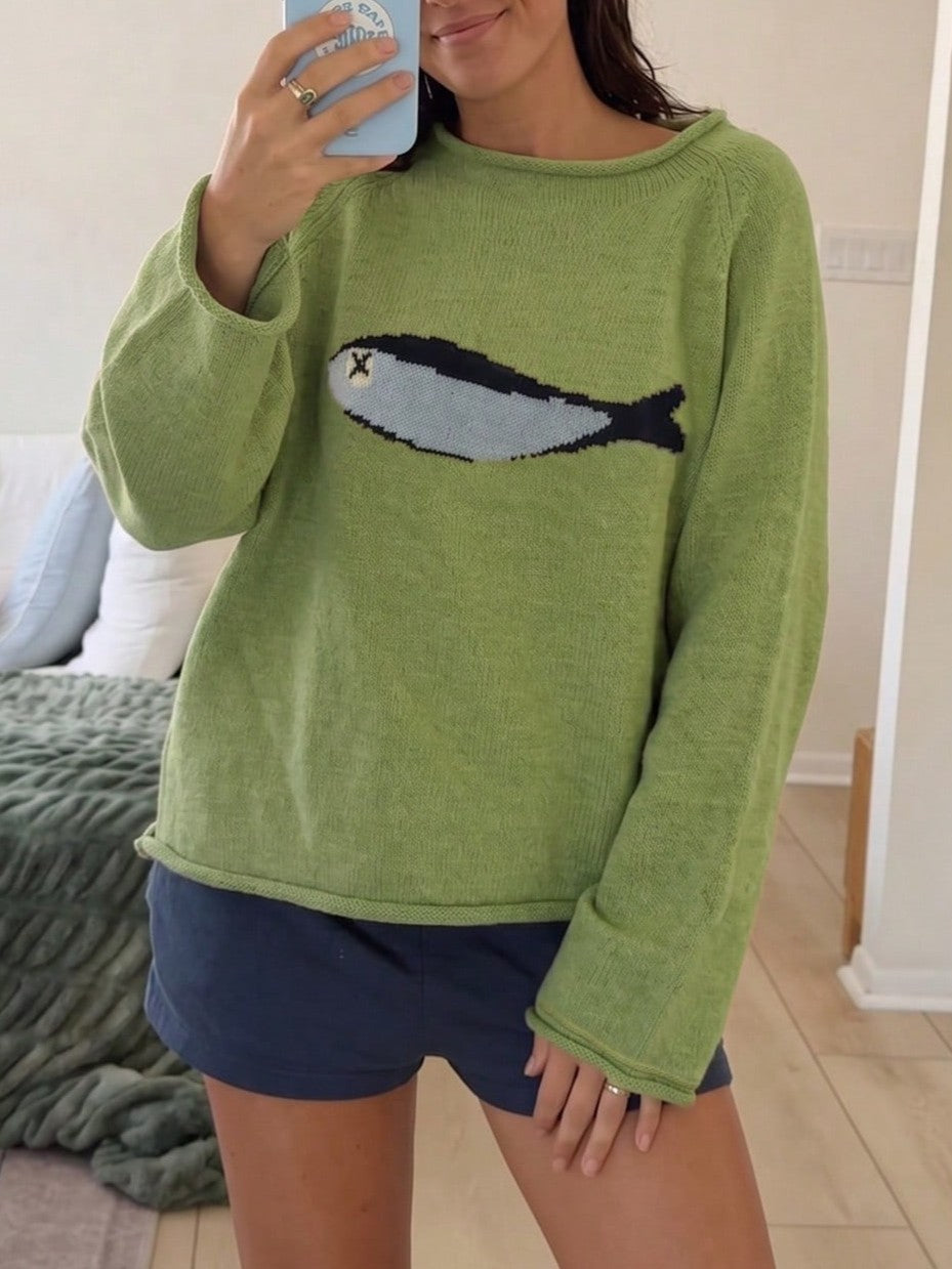 Sardine Fish Intarsia Crewneck Knit Sweater - Green - 3