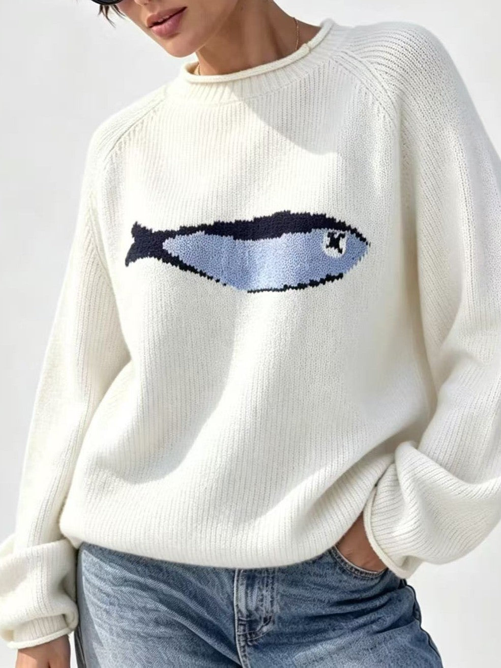 Sardine Fish Intarsia Crewneck Knit Sweater - White