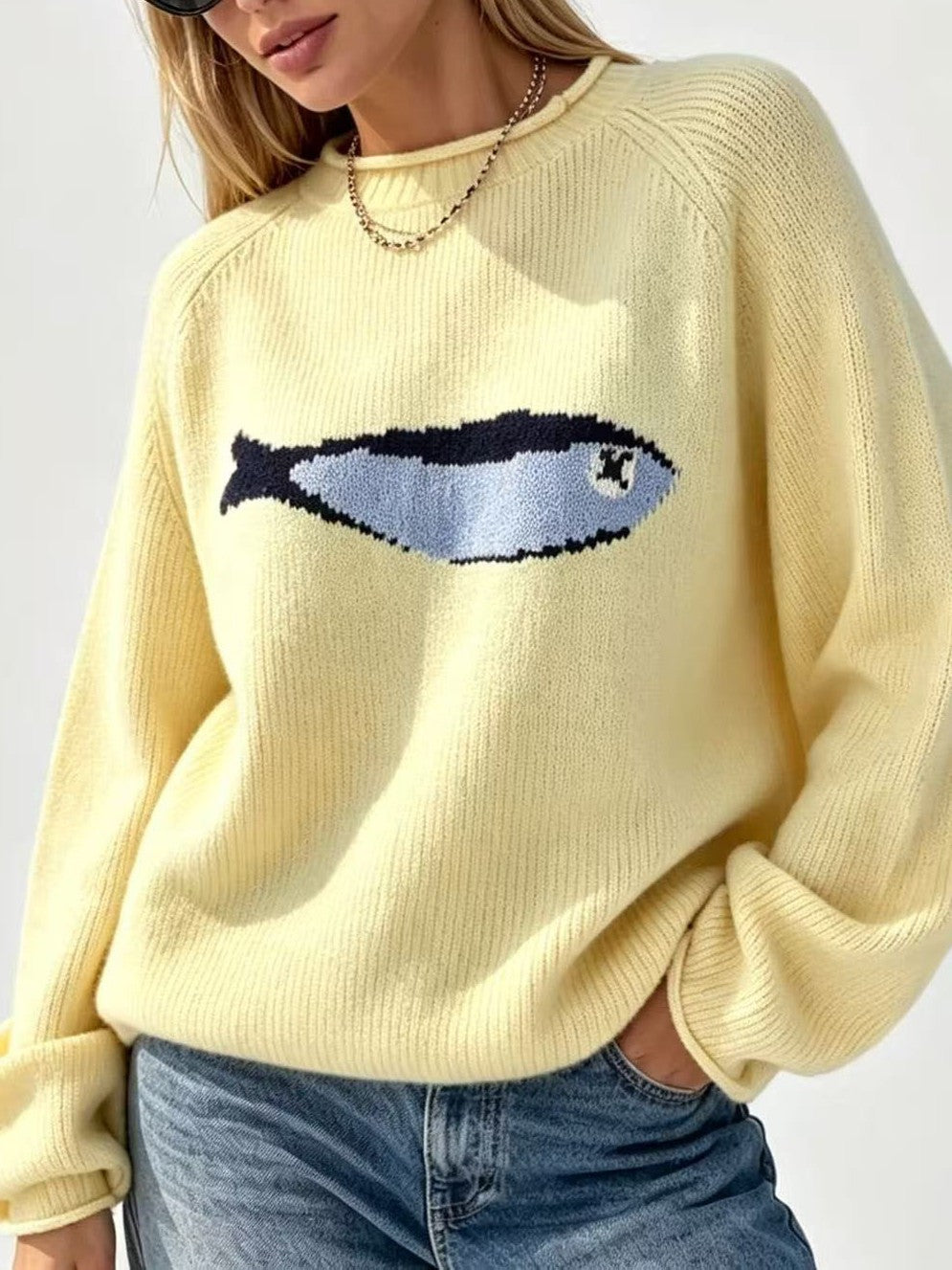 Sardine Fish Intarsia Crewneck Knit Sweater - Yellow