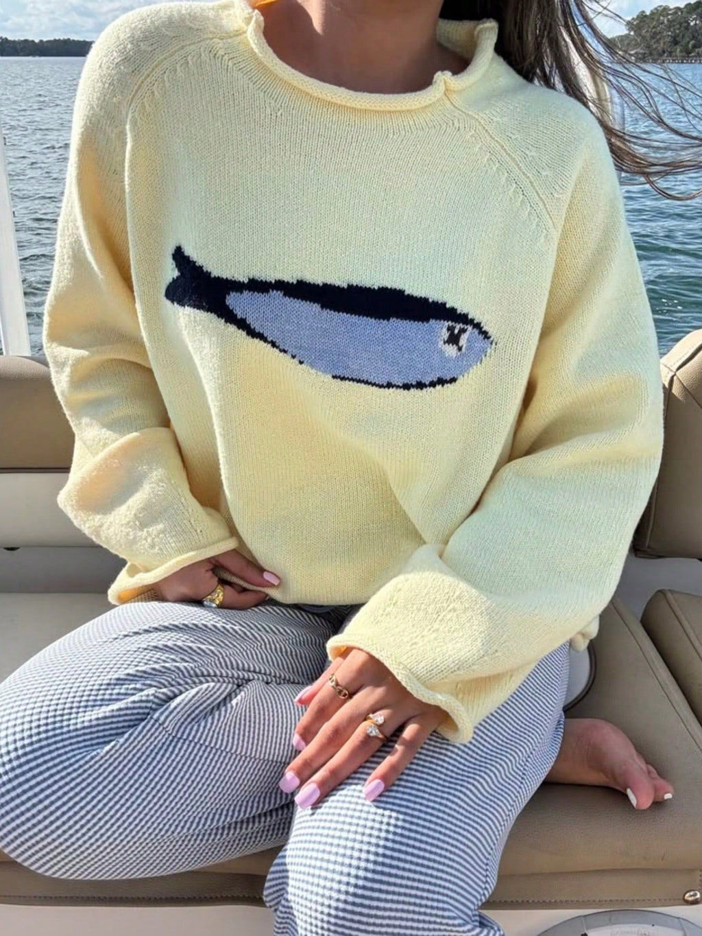 Sardine Fish Intarsia Crewneck Knit Sweater - Yellow - 1