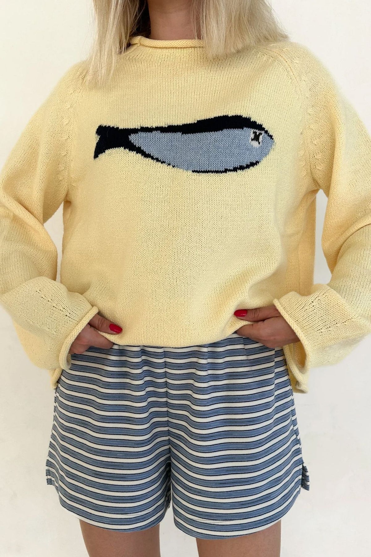 Sardine Fish Intarsia Crewneck Knit Sweater - Yellow - 2
