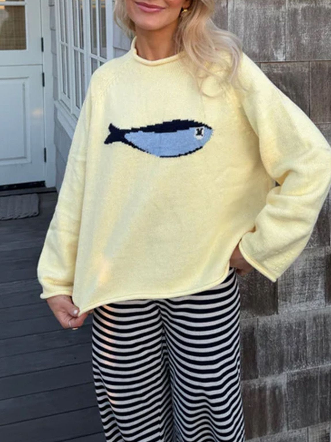 Sardine Fish Intarsia Crewneck Knit Sweater - Yellow - 3