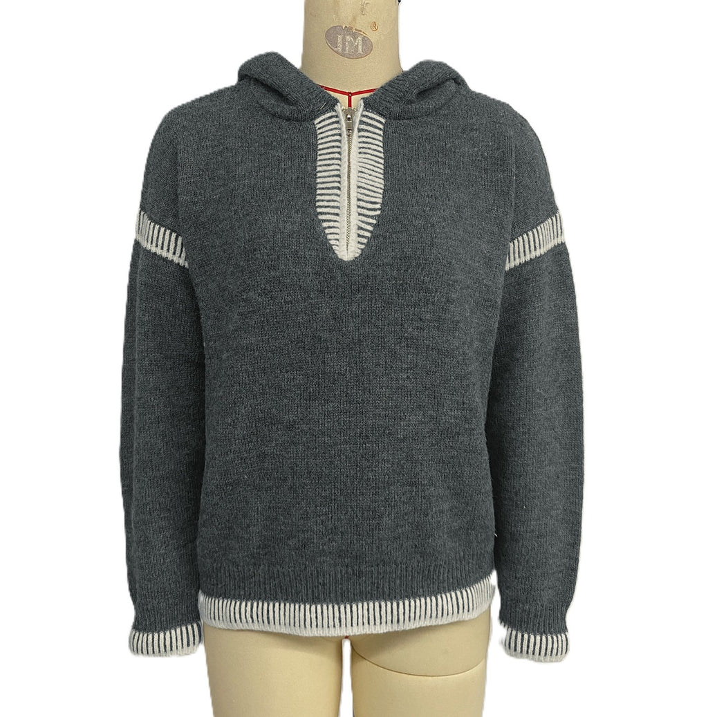 Varsity Stripe Hooded Knit Sweater - Grey