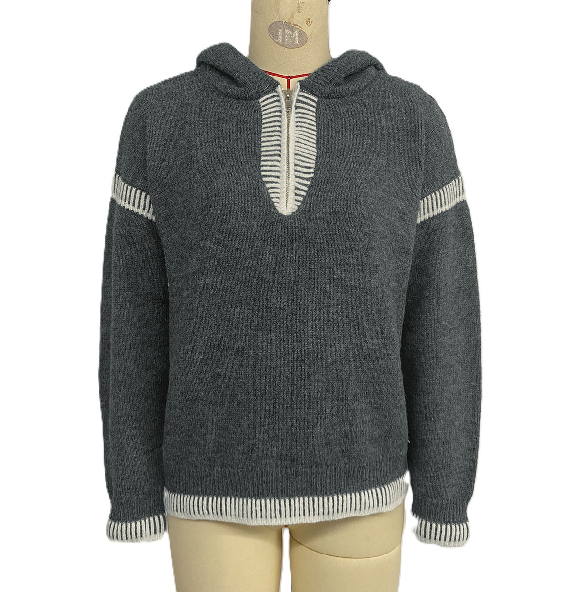 Varsity Stripe Hooded Knit Sweater - Grey
