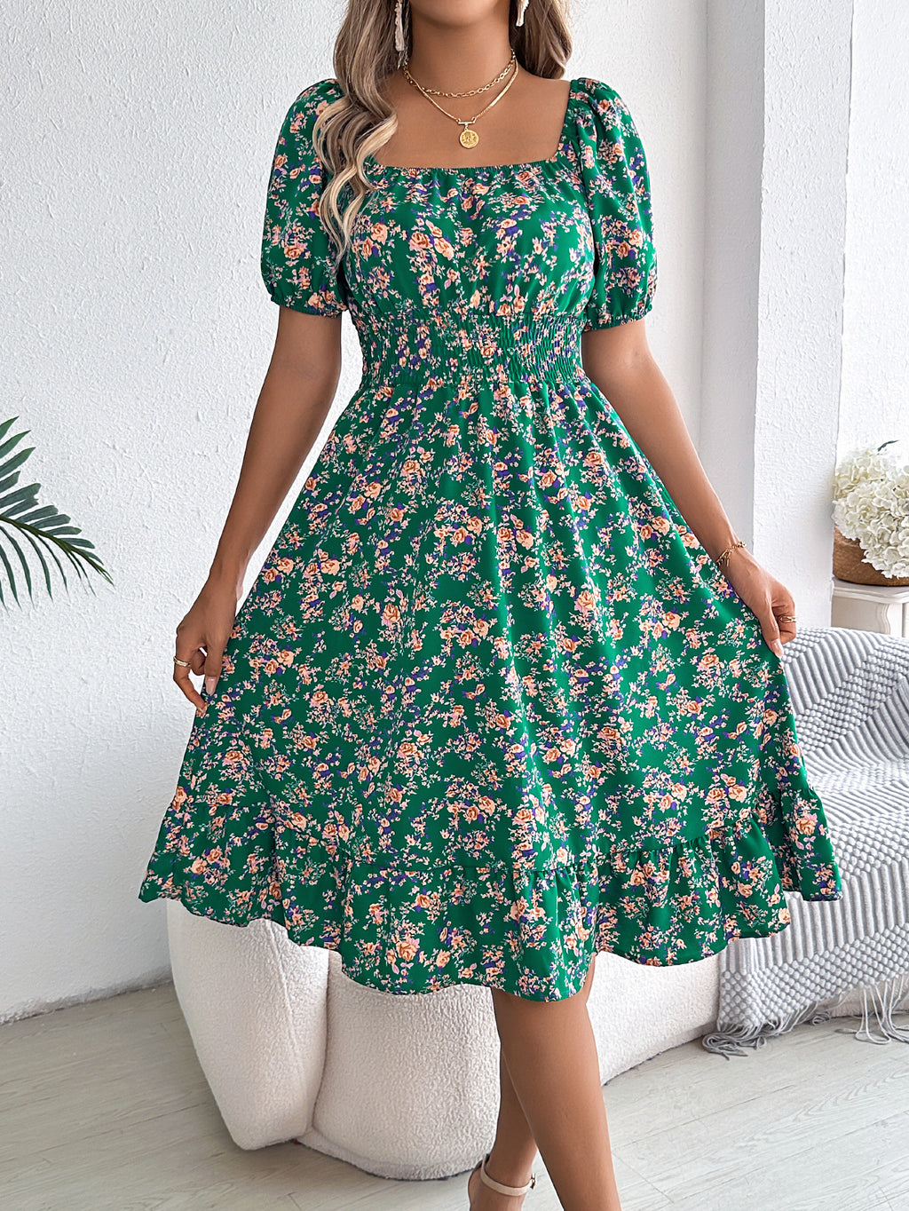 Ditsy Floral Puff Sleeve Smocked Midi Dress - Green