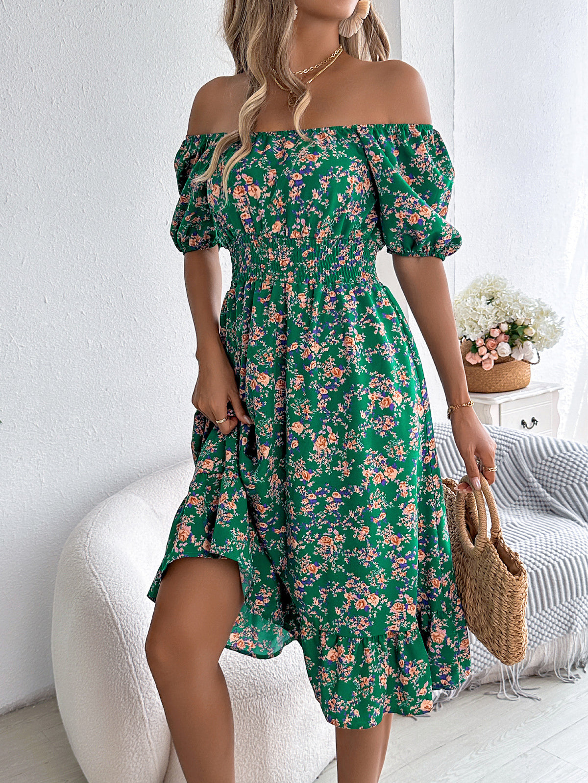 Ditsy Floral Puff Sleeve Smocked Midi Dress - Green - 1