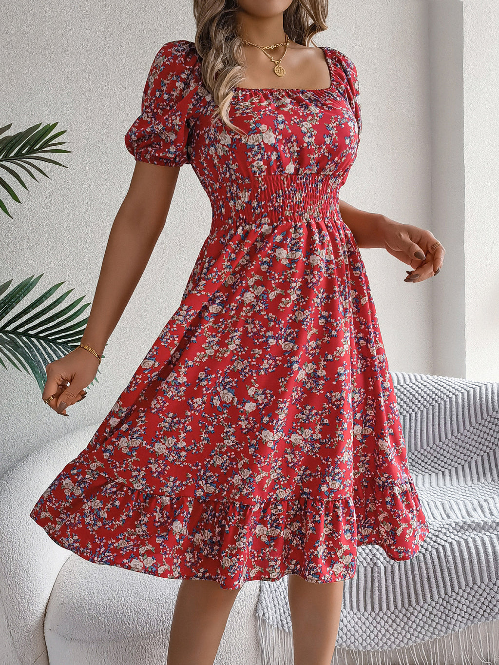 Ditsy Floral Puff Sleeve Smocked Midi Dress - Red