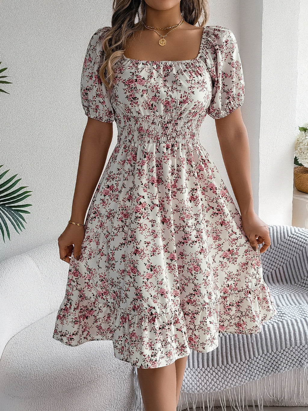 Ditsy Floral Puff Sleeve Smocked Midi Dress - White