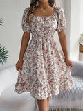 Ditsy Floral Puff Sleeve Smocked Midi Dress - White