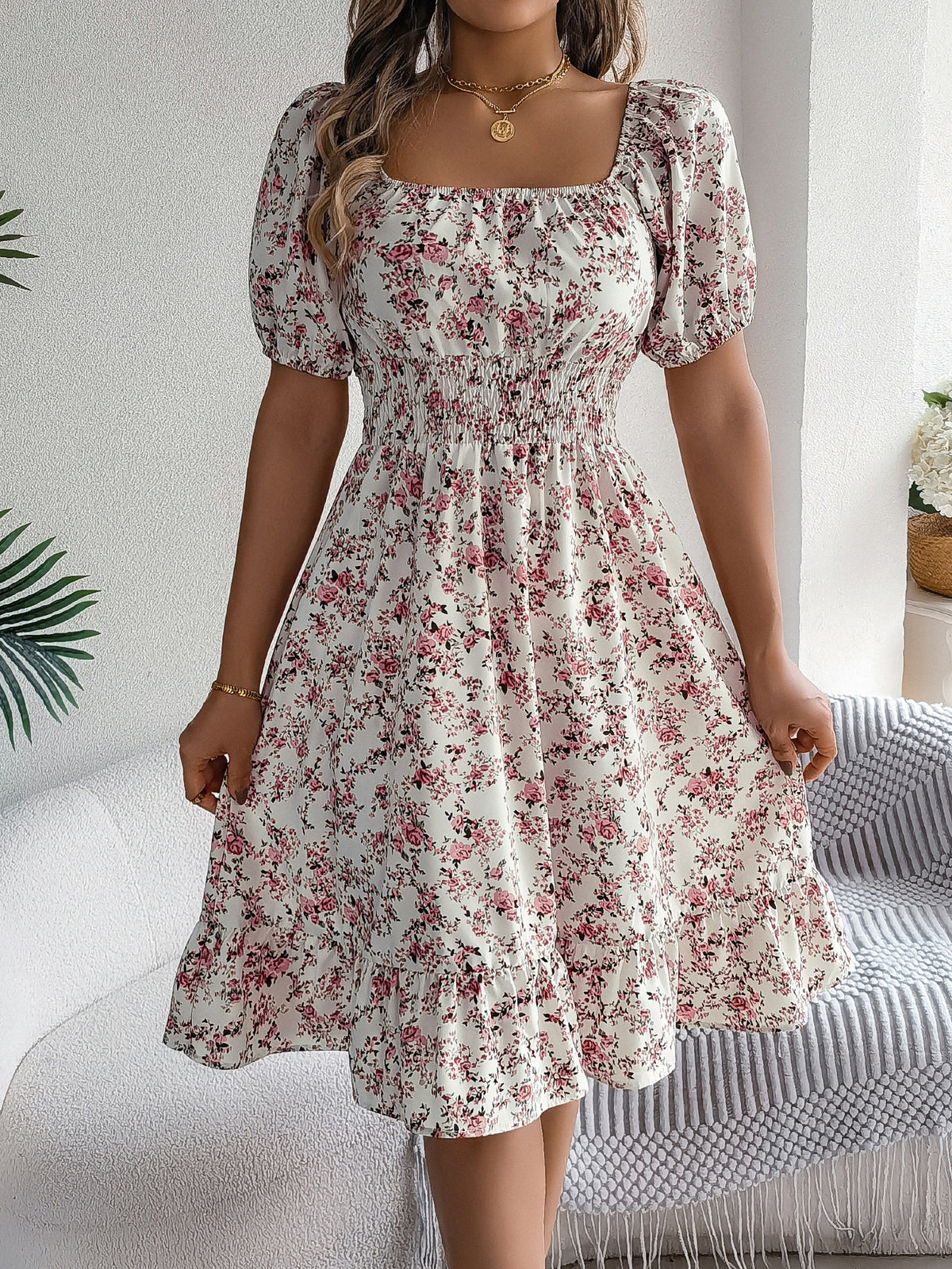 Ditsy Floral Puff Sleeve Smocked Midi Dress - White