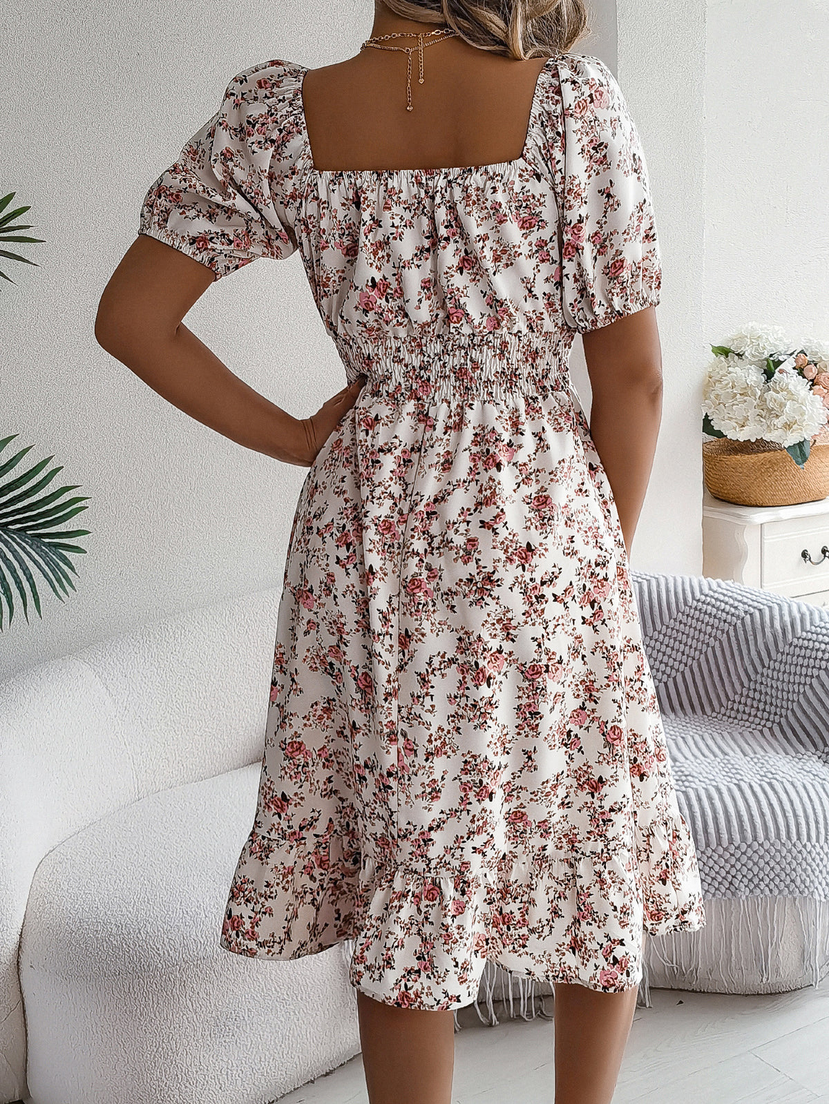 Ditsy Floral Puff Sleeve Smocked Midi Dress - White - 1