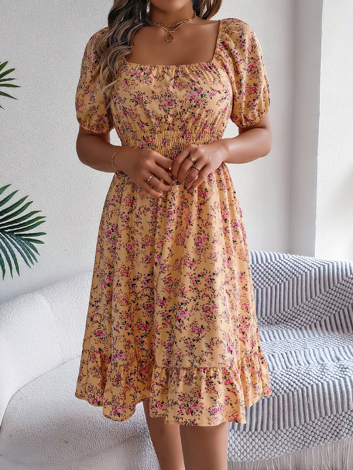 Ditsy Floral Puff Sleeve Smocked Midi Dress - Yellow