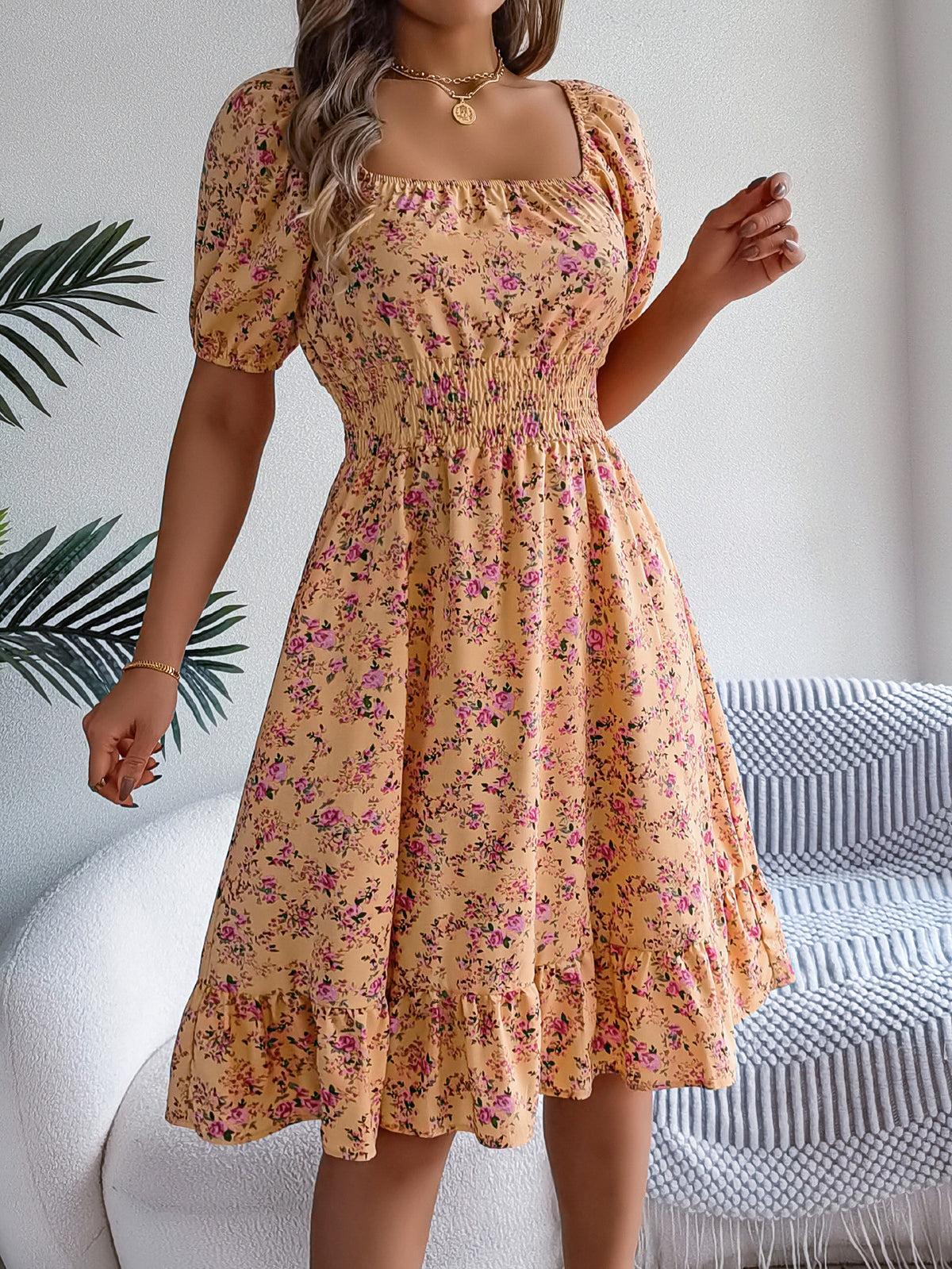 Ditsy Floral Puff Sleeve Smocked Midi Dress - Yellow - 1