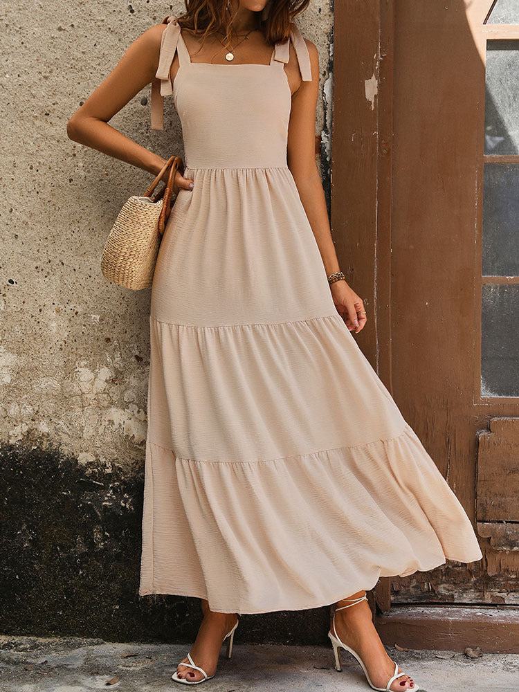 Tie Strap Smocked Tiered Maxi Dress - Apricot