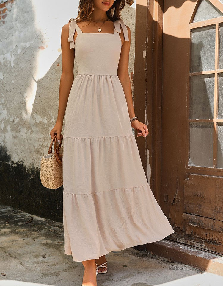 Tie Strap Smocked Tiered Maxi Dress - Apricot - 2