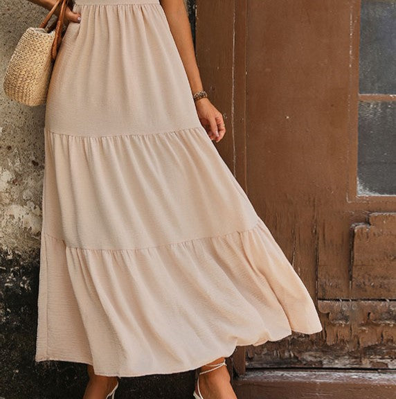 Tie Strap Smocked Tiered Maxi Dress - Apricot - 3