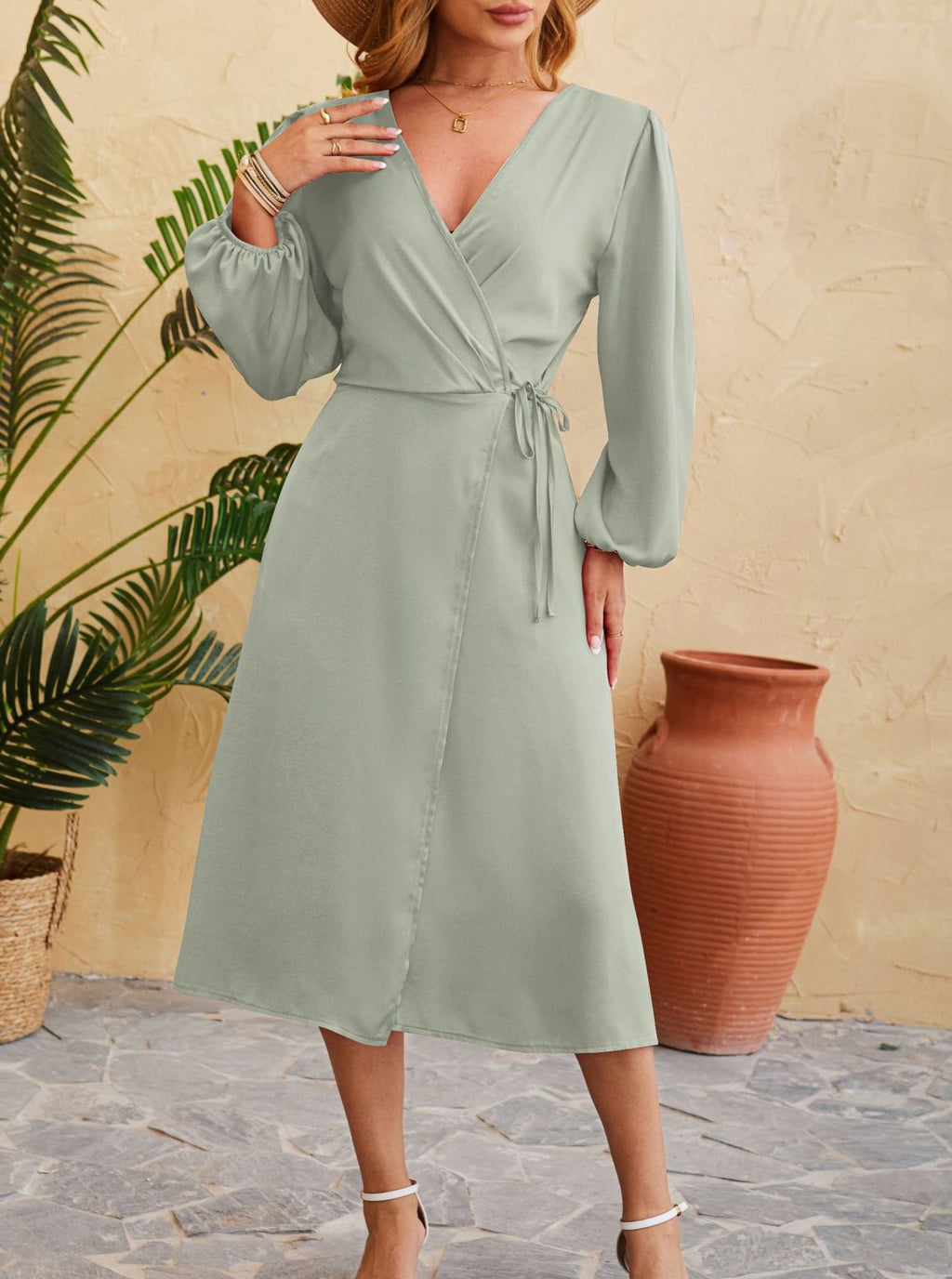 Satin Wrap Balloon Sleeve Slit Midi Dress - Green - 1