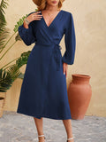 Satin Wrap Balloon Sleeve Slit Midi Dress - RoyalBlue