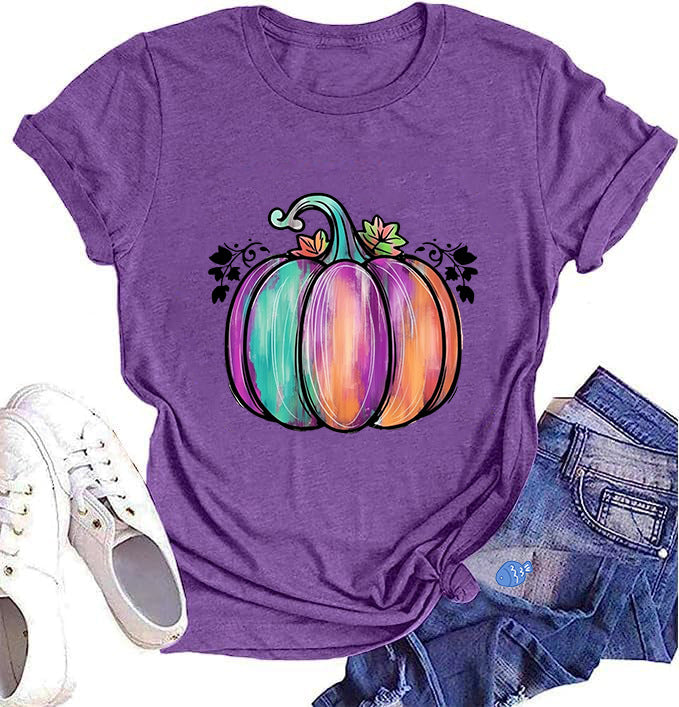 Watercolor Pumpkin Graphic Short Sleeve Tee - Purple
