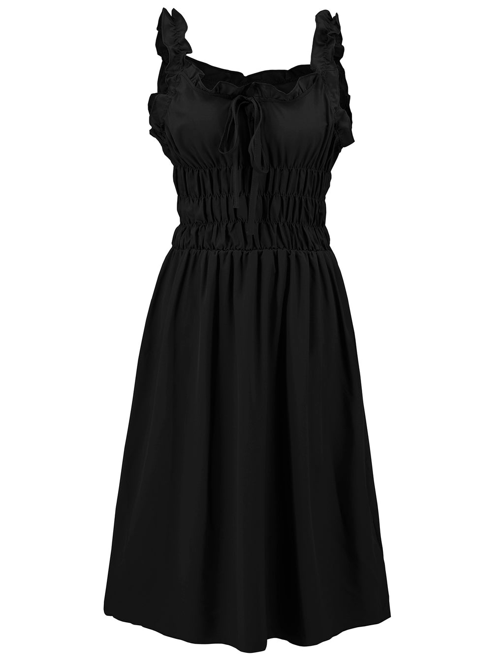 Ruffle Strap Shirred Bodice Maxi Dress - Black