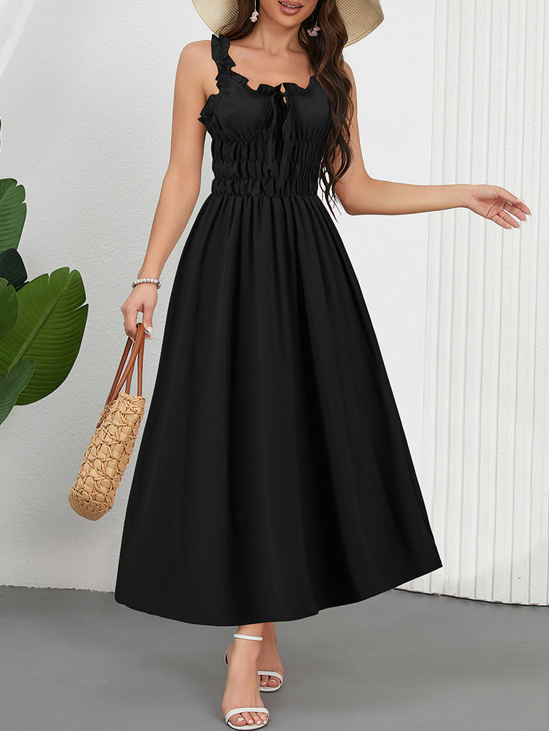 Ruffle Strap Shirred Bodice Maxi Dress - Black - 1