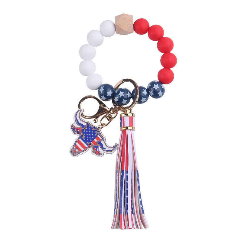 Silicone Bead Wristlet Keychain With Tassel - Bull