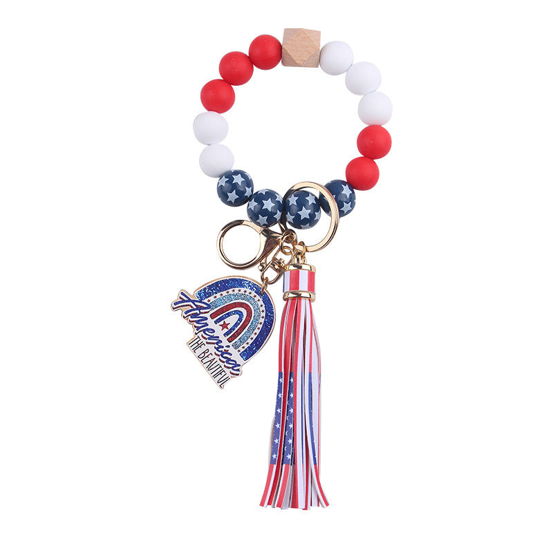 Silicone Bead Wristlet Keychain With Tassel - Rainbow