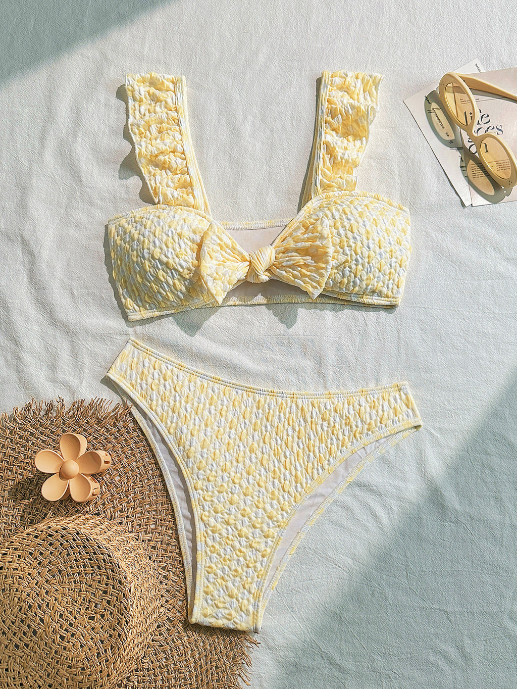 Ruffle Strap Bow Front Bikini Set - Yellow
