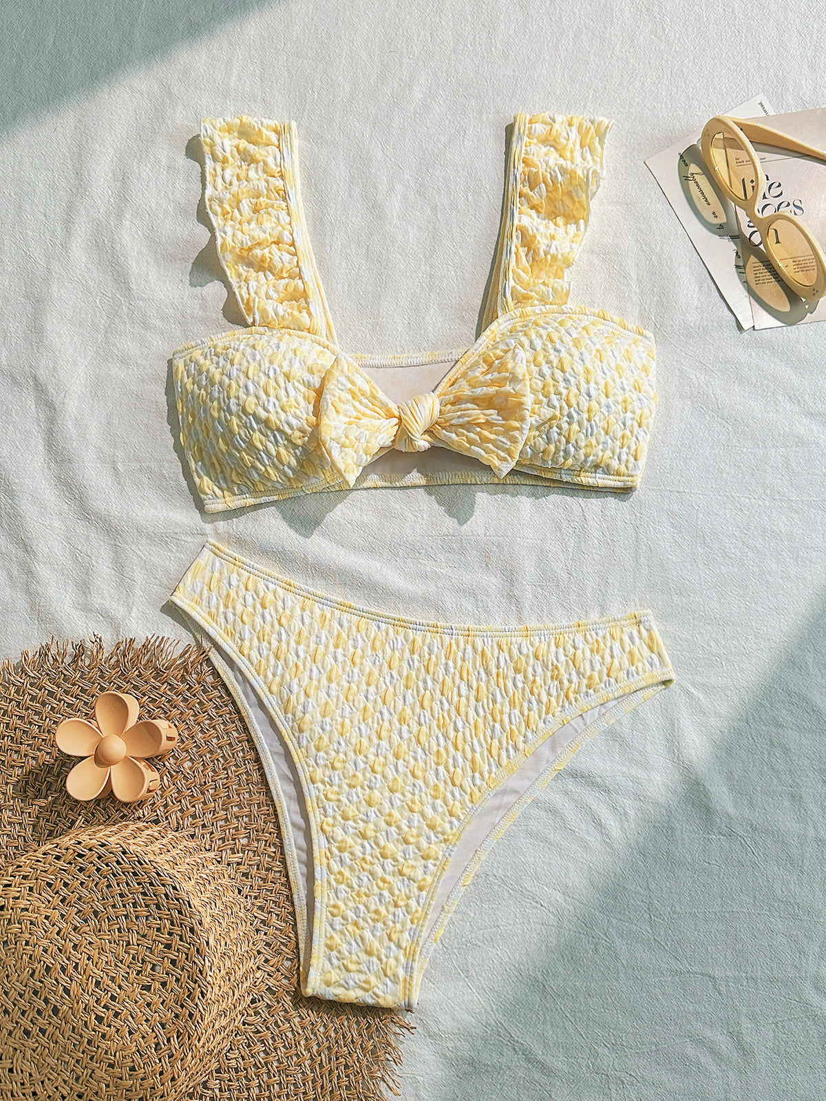 Ruffle Strap Bow Front Bikini Set - Yellow