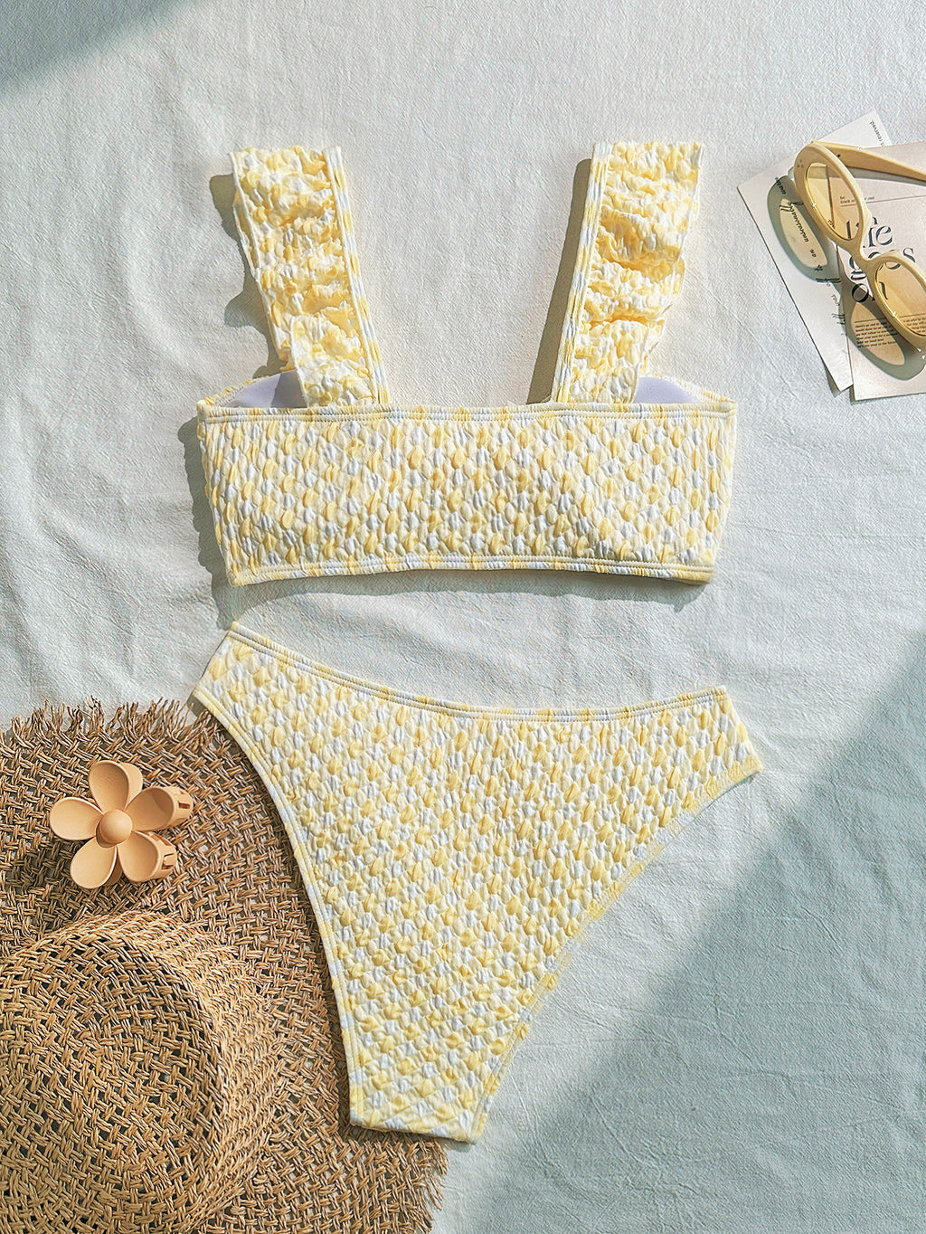 Ruffle Strap Bow Front Bikini Set - Yellow - 1