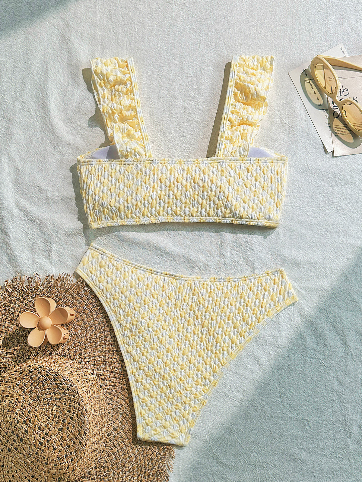 Ruffle Strap Bow Front Bikini Set - Yellow - 1