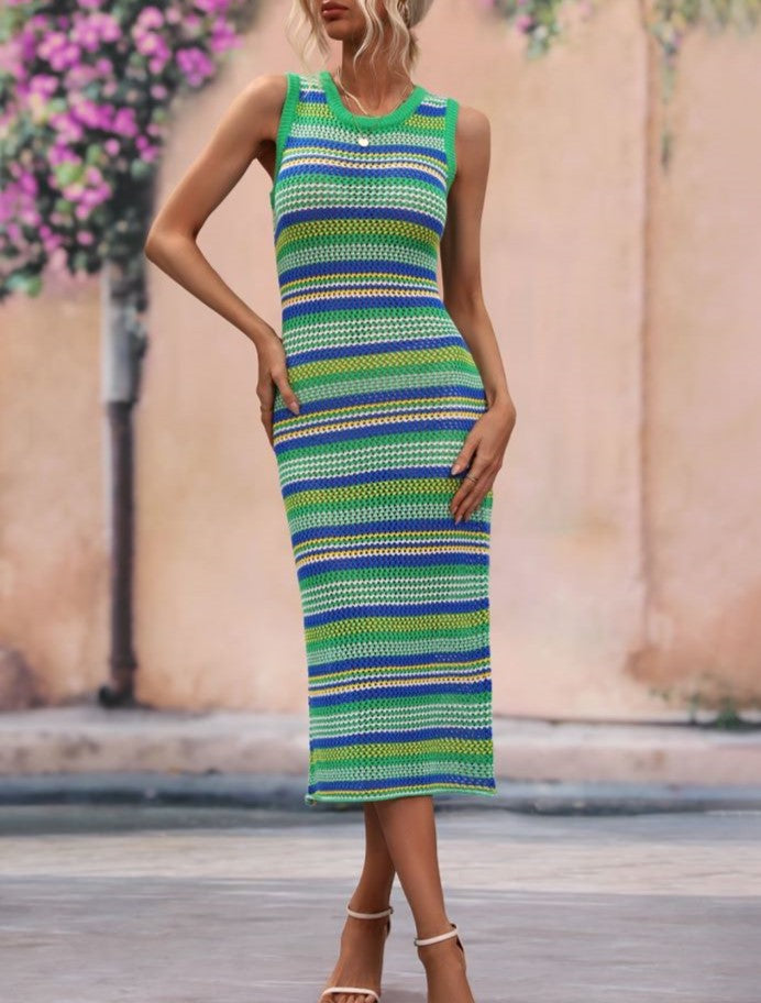 Striped Rib Knit Sleeveless Midi Dress