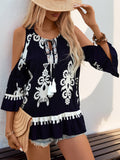 Boho Print Cold Shoulder Tassel Tunic Top - DarkBlue