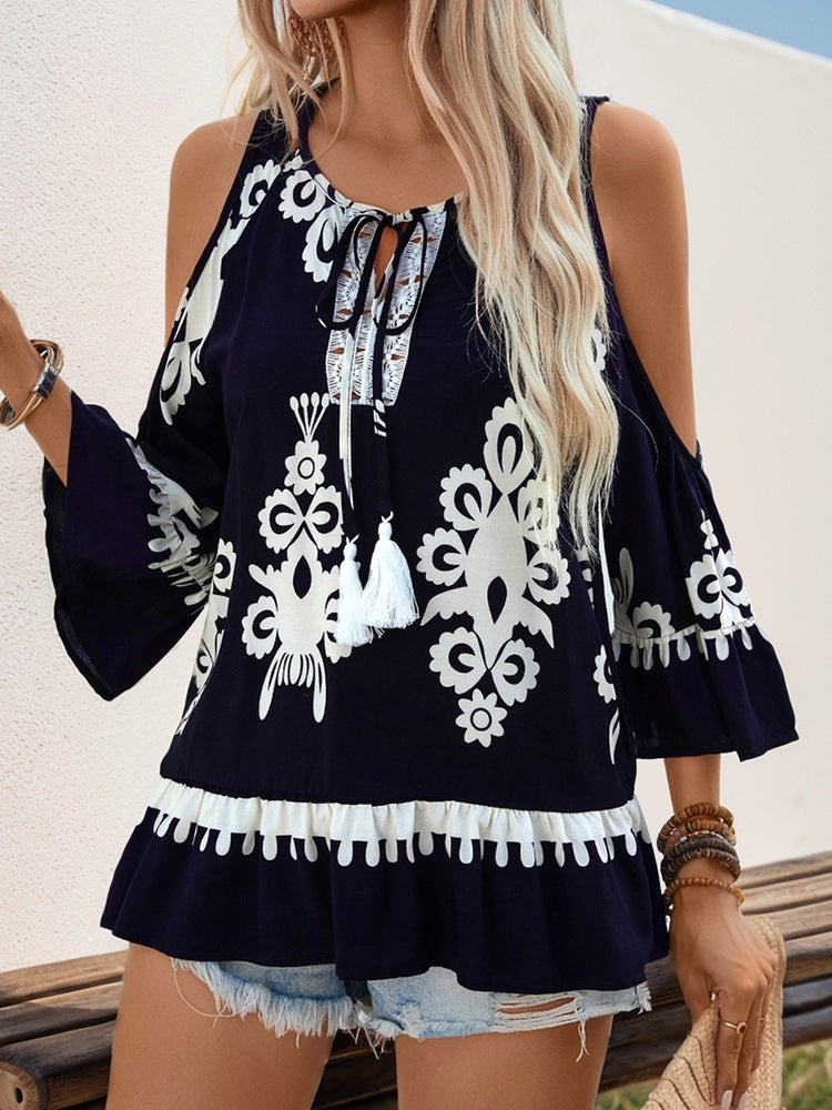 Boho Print Cold Shoulder Tassel Tunic Top - DarkBlue - 3