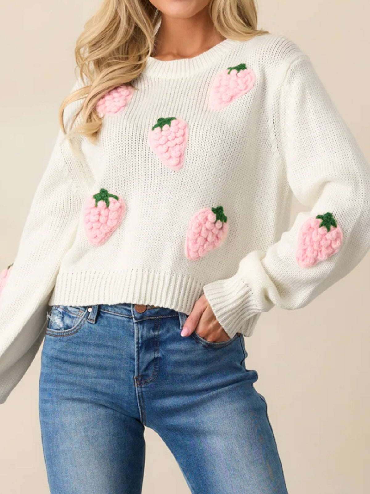 Puff Strawberry Motif Cropped Knit Sweater - Ivory