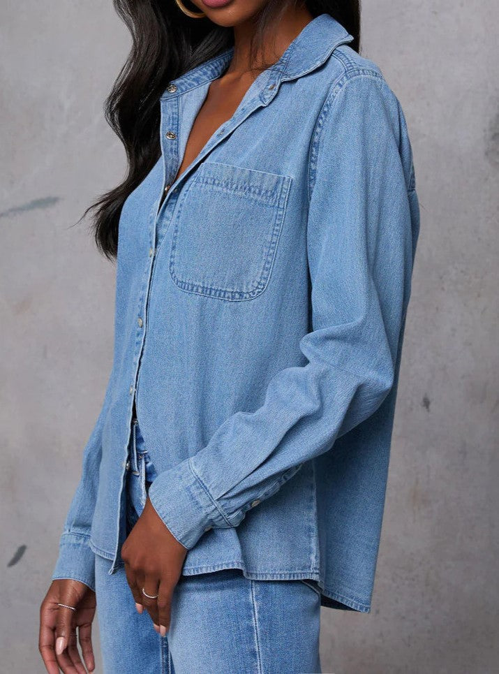 Relaxed Fit Long Sleeve Denim Shirt - Blue - 1
