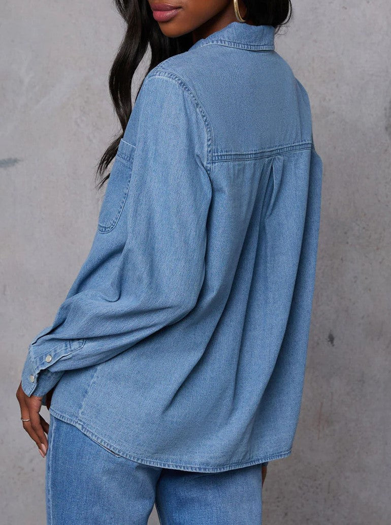 Relaxed Fit Long Sleeve Denim Shirt - Blue - 2
